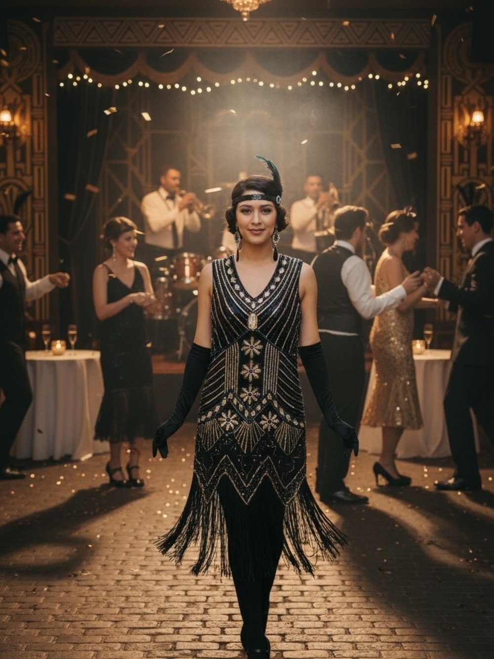 Beaded Black Flapper Fringe Dress with Gold Accents